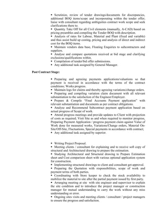  Scrutinize, review of tender drawings/documents for discrepancies,
additional BOQ items/scope and incorporating within the tender offer;
liaise with consultant regarding ambiguities contract work scope and seek
clarifications there to.
 Quantity Take Off for all Civil elements (manually, A-CAD) based on
pricing preambles and compiling the Tender BOQ with description.
 Analysis of rates for Labour, Material and Plant (fixed and variable)
and thus assist build up costing, pricing and analysis of direct and indirect
cost for the BOQ items.
 Maintain vendors data base, Floating Enquiries to subcontractors and
suppliers.
 Analyse and compare quotations received at bid stage and clarifying
exclusions/qualifications within.
 Compilation of tender/bid offer submissions.
 Any additional task assigned by General Manager.
Post Contract Stage:
 Preparing and agreeing payments applications/valuations so that
payment is received in accordance with the terms of the contract
conditions; Works progress.
 Maintain logs for claims and thereby agreeing variations/change orders.
 Preparing and compiling variation claim document with all relevant
substantiation to the satisfaction of the Engineer/Employer.
 Prepare & Compile “Final Accounts Payment application” with
relevant substantiation and documents as per contract obligations.
 Analyse and Recommend Subcontract payment application based on
actual progress of Scope of work.
 Attend progress meetings and provide updates to Client with projection
of costs as required; Visit Site as and when required to monitor progress,
Preparing Payment Application / progress payment claim against Value of
Work done for measured works, Variations/Change orders, Material On-
Site/Off-Site, Fluctuations, Special payments in accordance with contract;
 Any additional task assigned by superior.
 Writing Project Proposal.
 Meeting clients / consultant for explaining and to receive soft copy of
structural and Architectural drawing to prepare the estimation.
 Studying Architectural and Structural drawing to Prepare Estimation
sheet and Cost comparison sheet with various optional application system
for construction.
 Implementing structural drawings to client and consultant get approval.
 Preparing the Quotation with responsibilities, scope of work and
payment terms of both parties.
 Coordinating with Store keeper to check the stock availability to
mobilize the material to site after the partial payment issued by first party.
 Arranging meeting at site with site engineer and supervisor to explain
the site condition and to introduce the project manager or construction
manager for mutual understanding to carry the work without any miss
understanding or error.
 Ongoing sites visits and meeting clients / consultant / project managers
to ensure the progress and satisfaction.
 