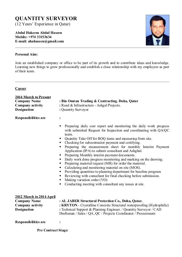 Abdul Haseen Quantity Surveyor Cv - 