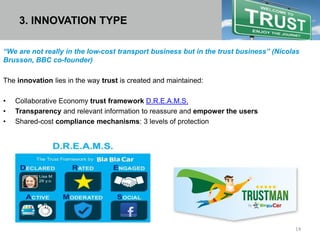“We are not really in the low-cost transport business but in the trust business” (Nicolas
Brusson, BBC co-founder)
The innovation lies in the way trust is created and maintained:
• Collaborative Economy trust framework D.R.E.A.M.S.
• Transparency and relevant information to reassure and empower the users
• Shared-cost compliance mechanisms: 3 levels of protection
14
3. INNOVATION TYPE
 