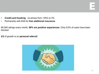 • Credit-card booking: no-shows from >35% to 3%
• Partnership with AXA for free additional insurance
80,000 ratings every month, 98% are positive experiences. Only 0,5% of users have been
blocked
2/3 of growth is on personal referral!
15
 