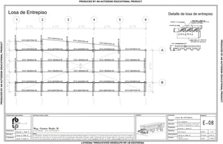 3 4 5 6
B
A
21
ECO 220X90X4.50 ECO 220X90X4.50 ECO 220X90X4.50 ECO 220X90X4.50 ECO 220X90X4.50
ECO 220X90X4.50 ECO 220X90X4.50 ECO 220X90X4.50 ECO 220X90X4.50 ECO 220X90X4.50
ECO 180x65x4.00 ECO 180x65x4.00 ECO 180x65x4.00 ECO 180x65x4.00 ECO 180x65x4.00
ECO 180x65x4.00 ECO 180x65x4.00 ECO 180x65x4.00 ECO 180x65x4.00 ECO 180x65x4.00
ECO 200X70X4.30 ECO 200X70X4.30 ECO 200X70X4.30 ECO 200X70X4.30
ECO220X90X4.50ECO220X90X4.50ECO220X90X4.50
ECO220X90X4.50ECO220X90X4.50ECO220X90X4.50
ECO220X90X4.50ECO220X90X4.50
ECO220X90X4.50ECO220X90X4.50
ECO220X90X4.50ECO220X90X4.50
ECO220X90X4.50ECO220X90X4.50
ECO220X90X4.50
ECO220X90X4.50
ECO220X90X4.50
ECO 200X70X4.30
ECO 200X70X4.30
ECO 200X70X4.30
ECO 200X70X4.30
ECO 200X70X4.30
Losa de Entrepiso
La informacion contenida en este plano es propiedad intelectual de Radic Biazik Ingenier a y Proyectos y es exclusiva para este proyecto, por lo que se prohibe su
utilizaci n para otros fines sin la previa consulta de los profesionales responsables. Cualquier cambio o modificaci n que se requiera debe ser consultado y autorizado; de
no ser asi, los profesionales se liberan de toda responsabilidad sobre el proyecto. Contacto: carlosradicb@gmail.com/0414 547 0436; radiceduardo@gmail.com/0414 545 5383.
Detalle de losa de entrepiso
E-08
Losa de entrepiso.
Avenida Alberto Ravell, urbanizaci n
Fundesfel 2. Independencia - Yaracuy.
Contenido:
Propietario:
Antonio J. Abreu D.
Disciplina:
Estructura.
Proyecto:
Los Campitos.
Resposable(s):
Formato:
Escala:
Fecha:
1:75
8 de 12
17/09/13
Permisos, firmas y sellos :
Notas:
.dwg/.pdf
Tabloide (427x210)mm
Carlos H. Radic B.
Arquitectura:
Eduardo J. Radic B.
Estructura:
Carlos H. Radic B.
I. Sanitarias:
Carlos H. Radic B.
Profesionales responsables: Modelo:
PRODUCEDBYANAUTODESKEDUCATIONALPRODUCT
PRODUCEDBYANAUTODESKEDUCATIONALPRODUCT
PRODUCEDBYANAUTODESKEDUCATIONALPRODUCT
PRODUCED BY AN AUTODESK EDUCATIONAL PRODUCT
 