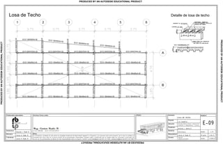 3 4 5 6
B
A
21
ECO 200X70X4.30
ECO 200X70X4.00
ECO 160x65x3.40
ECO 160x65x3.40
ECO200X70X4.30
ECO220X90X4.50
ECO220X90X4.50
ECO220X90X4.50
ECO 180X65X4.00 ECO 180X65X4.00
Losa de Techo
ECO200X70X4.30
ECO200X70X4.30
ECO200X70X4.30
ECO200X70X4.30
ECO200X70X4.30
ECO200X70X4.30
ECO200X70X4.30
ECO200X70X4.30
ECO200X70X4.30
ECO200X70X4.30
ECO200X70X4.30
ECO200X70X4.30
ECO200X70X4.30
ECO 180x65x4.00
ECO 200X70X4.30
ECO 200X70X4.00
ECO 160x65x3.40
ECO 160x65x3.40
ECO 180x65x4.00
ECO 200X70X4.30
ECO 200X70X4.00
ECO 160x65x3.40
ECO 160x65x3.40
ECO 180x65x4.00
ECO 200X70X4.30
ECO 200X70X4.00
ECO 160x65x3.40
ECO 160x65x3.40
ECO 180x65x4.00
ECO 200X70X4.30
ECO 200X70X4.00
ECO 160x65x3.40
ECO 160x65x3.40
ECO 180x65x4.00
ECO 180X65X4.00
ECO 180X65X4.00
La informacion contenida en este plano es propiedad intelectual de Radic Biazik Ingenier a y Proyectos y es exclusiva para este proyecto, por lo que se prohibe su
utilizaci n para otros fines sin la previa consulta de los profesionales responsables. Cualquier cambio o modificaci n que se requiera debe ser consultado y autorizado; de
no ser asi, los profesionales se liberan de toda responsabilidad sobre el proyecto. Contacto: carlosradicb@gmail.com/0414 547 0436; radiceduardo@gmail.com/0414 545 5383.
Detalle de losa de techo
E-09
Losa de techo.
Avenida Alberto Ravell, urbanizaci n
Fundesfel 2. Independencia - Yaracuy.
Contenido:
Propietario:
Antonio J. Abreu D.
Disciplina:
Estructura.
Proyecto:
Los Campitos.
Resposable(s):
Formato:
Escala:
Fecha:
1:75
9 de 12
17/09/13
Permisos, firmas y sellos :
Notas:
.dwg/.pdf
Tabloide (427x210)mm
Carlos H. Radic B.
Arquitectura:
Eduardo J. Radic B.
Estructura:
Carlos H. Radic B.
I. Sanitarias:
Carlos H. Radic B.
Profesionales responsables: Modelo:
PRODUCEDBYANAUTODESKEDUCATIONALPRODUCT
PRODUCEDBYANAUTODESKEDUCATIONALPRODUCT
PRODUCEDBYANAUTODESKEDUCATIONALPRODUCT
PRODUCED BY AN AUTODESK EDUCATIONAL PRODUCT
 