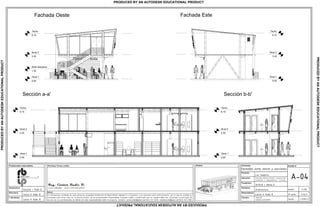 Nivel 1
0.00
Nivel 2
3.30
Nivel descanso
1.35
Techo
6.15
Fachada Oeste
La informacion contenida en este plano es propiedad intelectual de Radic Biazik Ingenier a y Proyectos y es exclusiva para este proyecto, por lo que se prohibe su
utilizaci n para otros fines sin la previa consulta de los profesionales responsables. Cualquier cambio o modificaci n que se requiera debe ser consultado y autorizado; de
no ser asi, los profesionales se liberan de toda responsabilidad sobre el proyecto. Contacto: carlosradicb@gmail.com/0414 547 0436; radiceduardo@gmail.com/0414 545 5383.
Nivel 1
0.00
Nivel 2
3.30
Techo
6.15
Fachada Este
Nivel 1
0.00
Nivel 2
3.30
Techo
6.15
Nivel 1
0.00
Nivel 2
3.30
Techo
6.15
A-04
Fachadas este, oeste y secciones.
Avenida Alberto Ravell, urbanizaci n
Fundesfel 2. Independencia - Yaracuy.
Contenido:
Propietario:
Antonio J. Abreu D.
Disciplina:
Arquitectura.
Proyecto:
Los Campitos.
Resposable(s):
Formato:
Escala:
Fecha:
1:100
4 de 6
17/09/13
Permisos, firmas y sellos :
Notas:
.dwg/.pdf
Tabloide (427x210)mm
Carlos H. Radic B.
Arquitectura:
Eduardo J. Radic B.
Estructura:
Carlos H. Radic B.
I. Sanitarias:
Carlos H. Radic B.
Profesionales responsables: Modelo:
PRODUCEDBYANAUTODESKEDUCATIONALPRODUCT
PRODUCEDBYANAUTODESKEDUCATIONALPRODUCT
PRODUCEDBYANAUTODESKEDUCATIONALPRODUCT
PRODUCED BY AN AUTODESK EDUCATIONAL PRODUCT
 