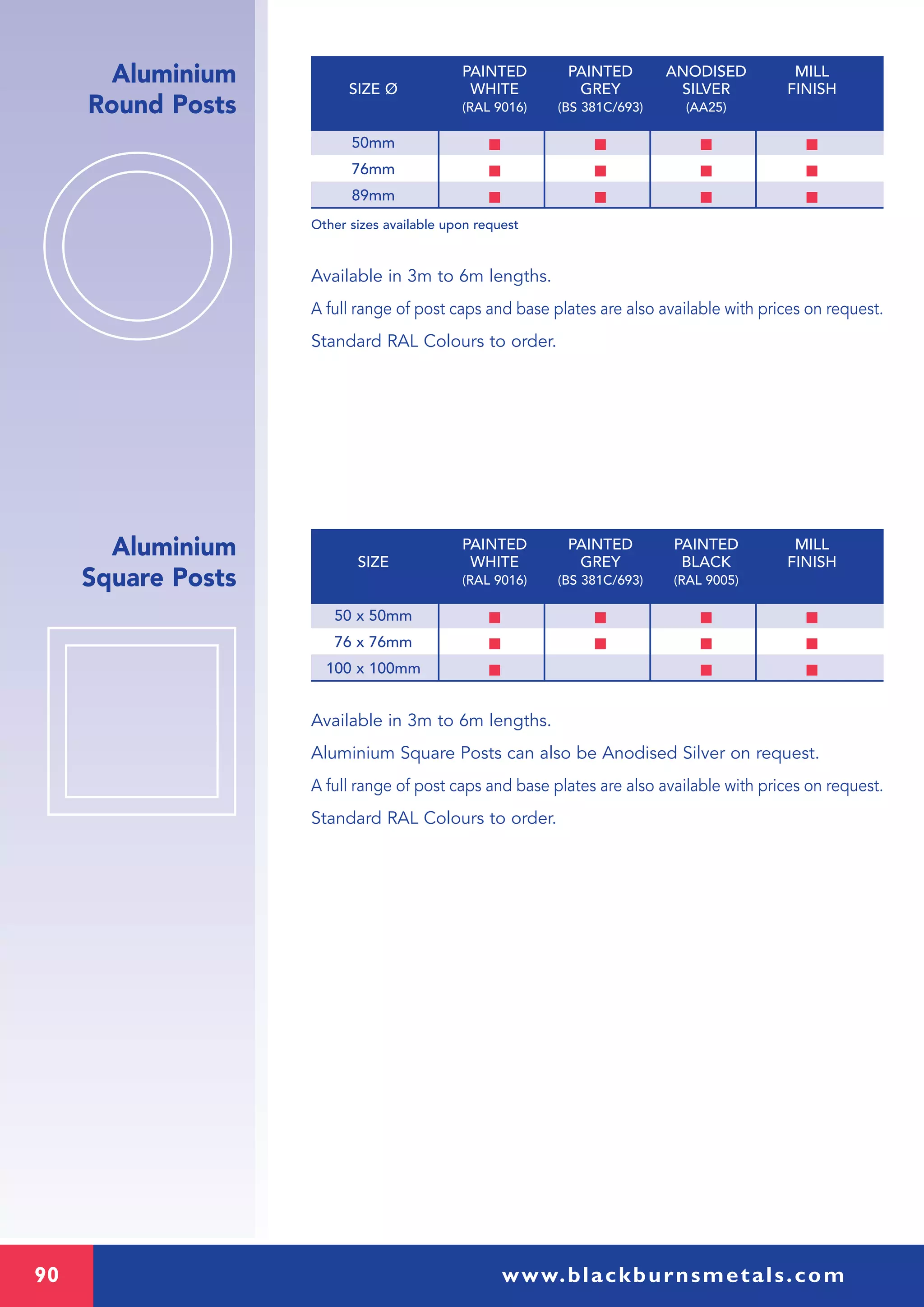 90 www.blackburnsmetals.com
Aluminium
Round Posts
Aluminium
Square Posts
50mm I I I I
76mm I I I I
89mm I I I I
Other sizes available upon request
Available in 3m to 6m lengths.
A full range of post caps and base plates are also available with prices on request.
Standard RAL Colours to order.
PAINTED PAINTED ANODISED MILL
SIZE Ø WHITE GREY SILVER FINISH
(RAL 9016) (BS 381C/693) (AA25)
50 x 50mm I I I I
76 x 76mm I I I I
100 x 100mm I I I
Available in 3m to 6m lengths.
Aluminium Square Posts can also be Anodised Silver on request.
A full range of post caps and base plates are also available with prices on request.
Standard RAL Colours to order.
PAINTED PAINTED PAINTED MILL
SIZE WHITE GREY BLACK FINISH
(RAL 9016) (BS 381C/693) (RAL 9005)
 