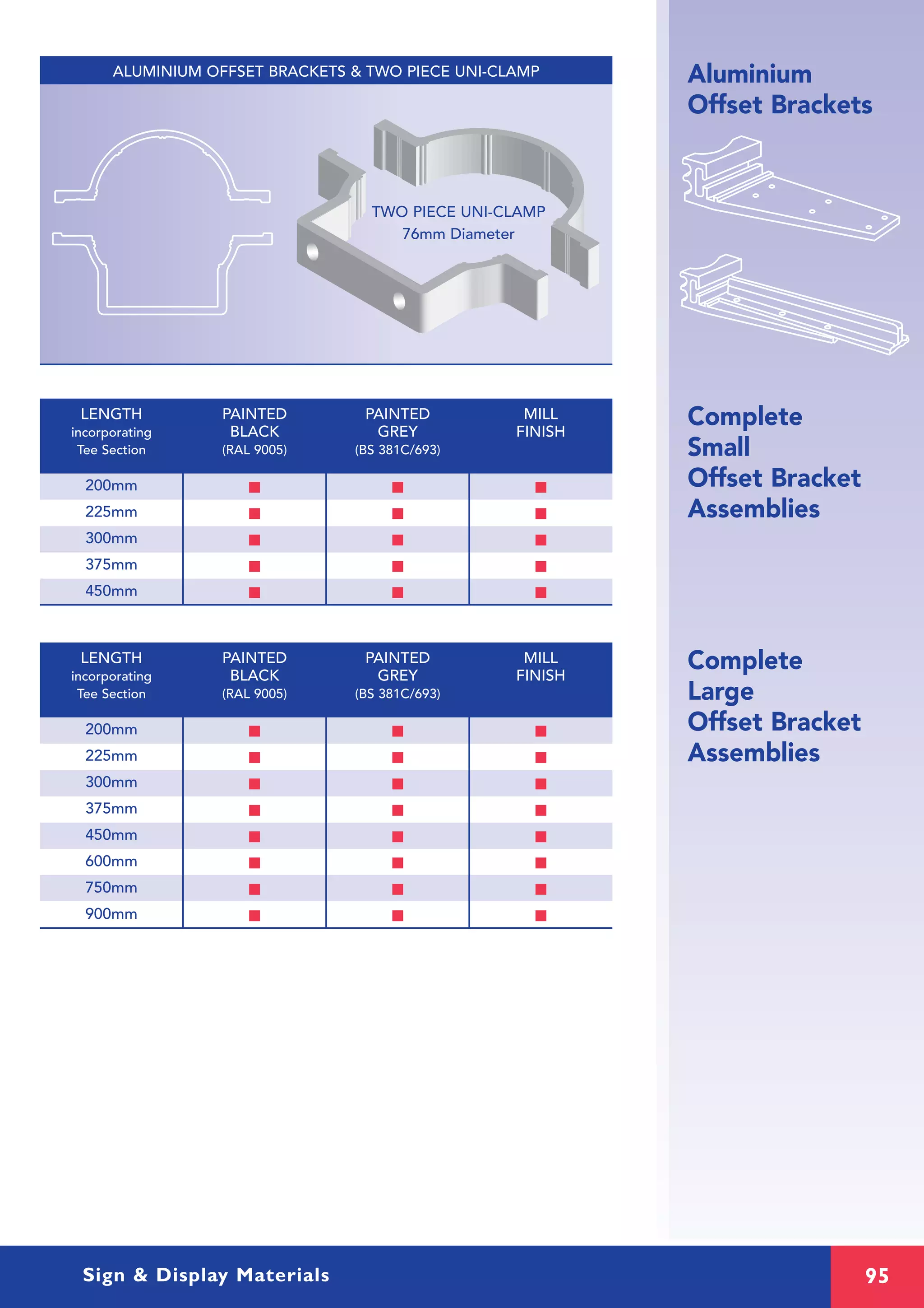 95Sign & Display Materials
Complete
Small
Offset Bracket
Assemblies
Complete
Large
Offset Bracket
Assemblies
Aluminium
Offset Brackets
ALUMINIUM OFFSET BRACKETS & TWO PIECE UNI-CLAMP
200mm I I I
225mm I I I
300mm I I I
375mm I I I
450mm I I I
LENGTH PAINTED PAINTED MILL
incorporating BLACK GREY FINISH
Tee Section (RAL 9005) (BS 381C/693)
200mm I I I
225mm I I I
300mm I I I
375mm I I I
450mm I I I
600mm I I I
750mm I I I
900mm I I I
LENGTH PAINTED PAINTED MILL
incorporating BLACK GREY FINISH
Tee Section (RAL 9005) (BS 381C/693)
TWO PIECE UNI-CLAMP
76mm Diameter
 