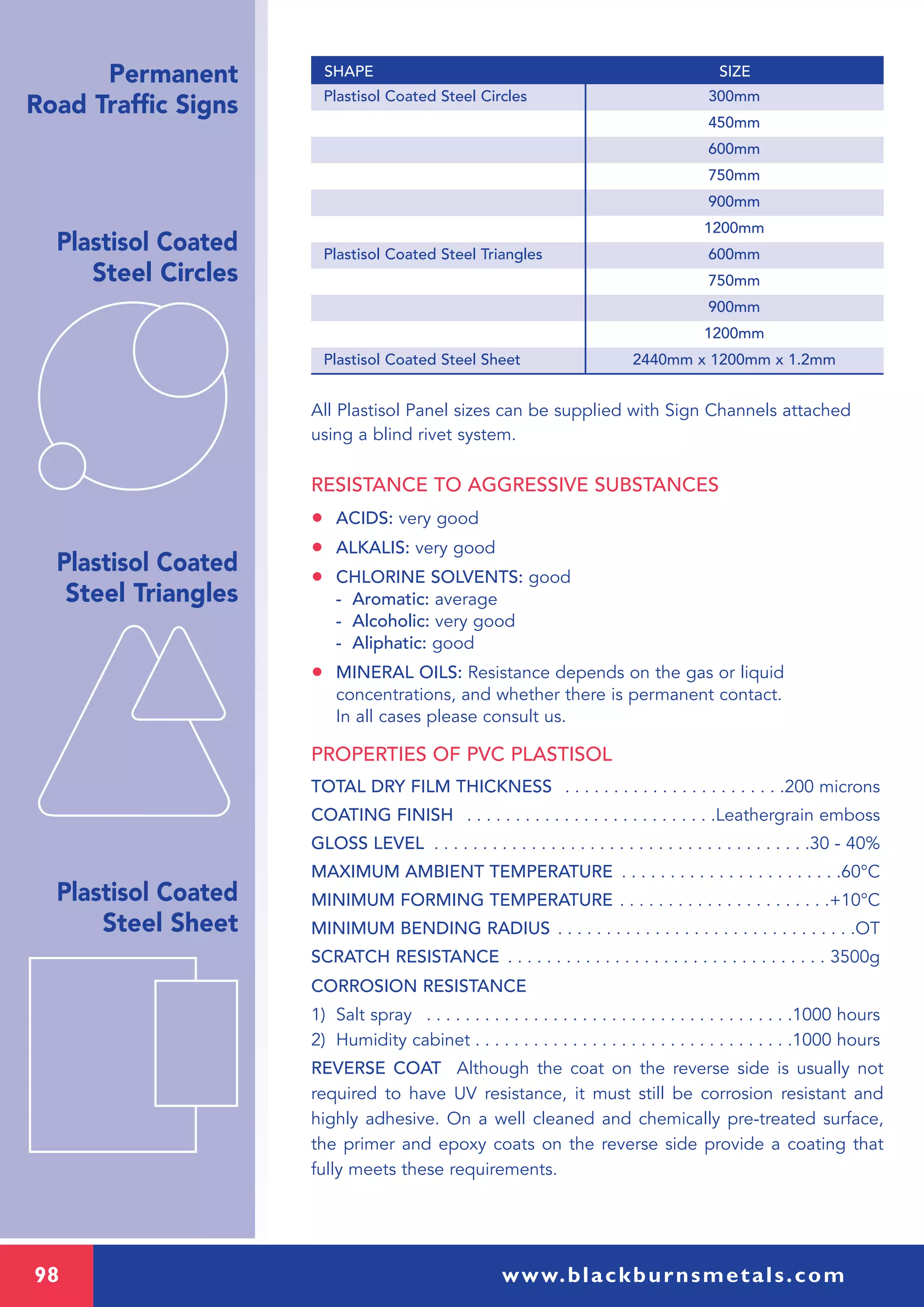 98 www.blackburnsmetals.com
Permanent
Road Traffic Signs
Plastisol Coated
Steel Circles
Plastisol Coated
Steel Triangles
Plastisol Coated
Steel Sheet
Plastisol Coated Steel Circles 300mm
450mm
600mm
750mm
900mm
1200mm
Plastisol Coated Steel Triangles 600mm
750mm
900mm
1200mm
Plastisol Coated Steel Sheet 2440mm x 1200mm x 1.2mm
SHAPE SIZE
All Plastisol Panel sizes can be supplied with Sign Channels attached
using a blind rivet system.
RESISTANCE TO AGGRESSIVE SUBSTANCES
• ACIDS: very good
• ALKALIS: very good
• CHLORINE SOLVENTS: good
- Aromatic: average
- Alcoholic: very good
- Aliphatic: good
• MINERAL OILS: Resistance depends on the gas or liquid
concentrations, and whether there is permanent contact.
In all cases please consult us.
PROPERTIES OF PVC PLASTISOL
TOTAL DRY FILM THICKNESS . . . . . . . . . . . . . . . . . . . . . . .200 microns
COATING FINISH . . . . . . . . . . . . . . . . . . . . . . . . . .Leathergrain emboss
GLOSS LEVEL . . . . . . . . . . . . . . . . . . . . . . . . . . . . . . . . . . . . . . .30 - 40%
MAXIMUM AMBIENT TEMPERATURE . . . . . . . . . . . . . . . . . . . . . . .60°C
MINIMUM FORMING TEMPERATURE . . . . . . . . . . . . . . . . . . . . . .+10°C
MINIMUM BENDING RADIUS . . . . . . . . . . . . . . . . . . . . . . . . . . . . . . .OT
SCRATCH RESISTANCE . . . . . . . . . . . . . . . . . . . . . . . . . . . . . . . . . 3500g
CORROSION RESISTANCE
1) Salt spray . . . . . . . . . . . . . . . . . . . . . . . . . . . . . . . . . . . . . .1000 hours
2) Humidity cabinet . . . . . . . . . . . . . . . . . . . . . . . . . . . . . . . . .1000 hours
REVERSE COAT Although the coat on the reverse side is usually not
required to have UV resistance, it must still be corrosion resistant and
highly adhesive. On a well cleaned and chemically pre-treated surface,
the primer and epoxy coats on the reverse side provide a coating that
fully meets these requirements.
 