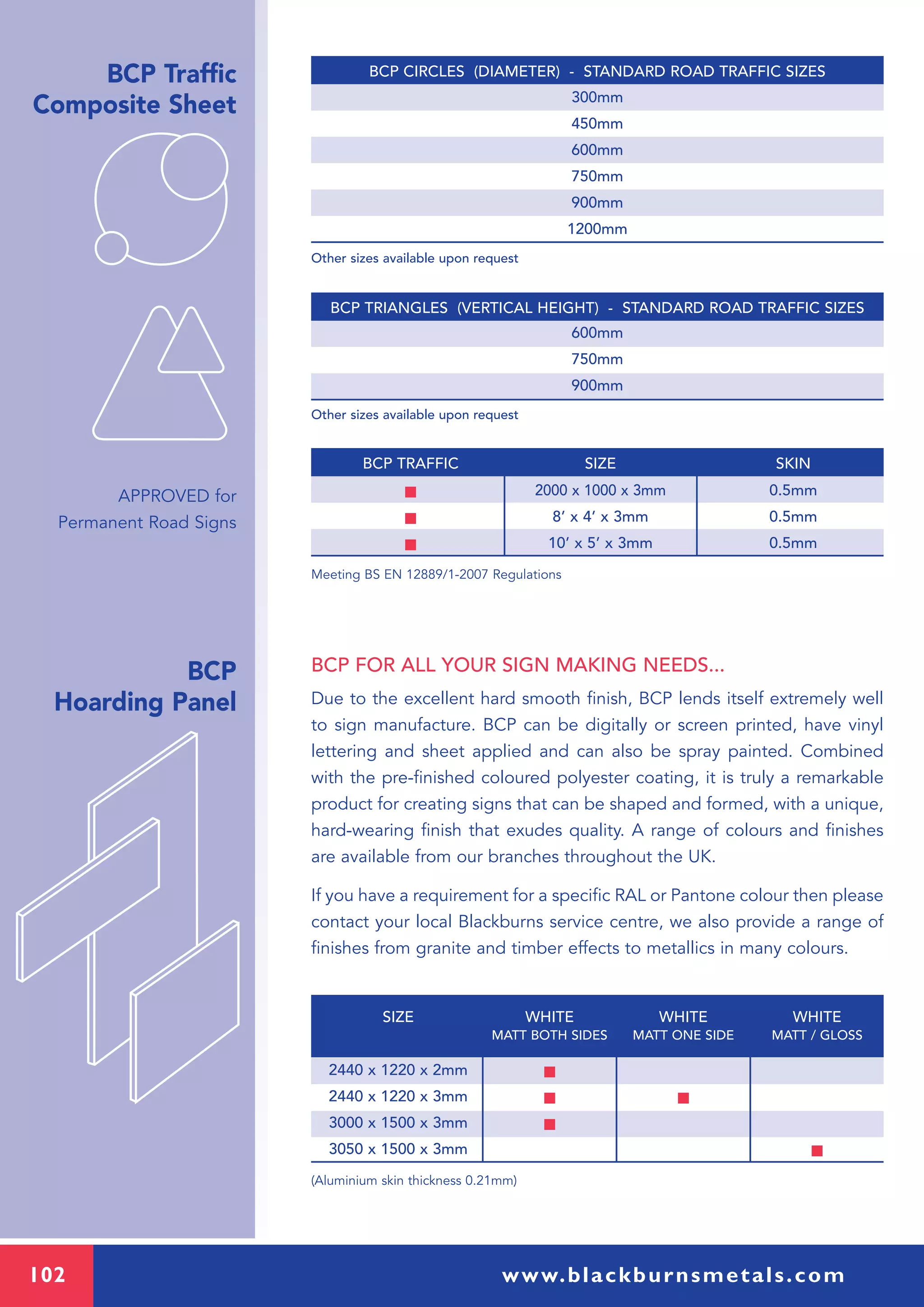 102 www.blackburnsmetals.com
BCP
Hoarding Panel
BCP Traffic
Composite Sheet
APPROVED for
Permanent Road Signs
BCP FOR ALL YOUR SIGN MAKING NEEDS...
Due to the excellent hard smooth finish, BCP lends itself extremely well
to sign manufacture. BCP can be digitally or screen printed, have vinyl
lettering and sheet applied and can also be spray painted. Combined
with the pre-finished coloured polyester coating, it is truly a remarkable
product for creating signs that can be shaped and formed, with a unique,
hard-wearing finish that exudes quality. A range of colours and finishes
are available from our branches throughout the UK.
If you have a requirement for a specific RAL or Pantone colour then please
contact your local Blackburns service centre, we also provide a range of
finishes from granite and timber effects to metallics in many colours.
2440 x 1220 x 2mm I
2440 x 1220 x 3mm I I
3000 x 1500 x 3mm I
3050 x 1500 x 3mm I
(Aluminium skin thickness 0.21mm)
SIZE WHITE WHITE WHITE
MATT BOTH SIDES MATT ONE SIDE MATT / GLOSS
300mm
450mm
600mm
750mm
900mm
1200mm
Other sizes available upon request
BCP CIRCLES (DIAMETER) - STANDARD ROAD TRAFFIC SIZES
600mm
750mm
900mm
Other sizes available upon request
BCP TRIANGLES (VERTICAL HEIGHT) - STANDARD ROAD TRAFFIC SIZES
I 2000 x 1000 x 3mm 0.5mm
I 8’ x 4’ x 3mm 0.5mm
I 10’ x 5’ x 3mm 0.5mm
Meeting BS EN 12889/1-2007 Regulations
BCP TRAFFIC SIZE SKIN
 