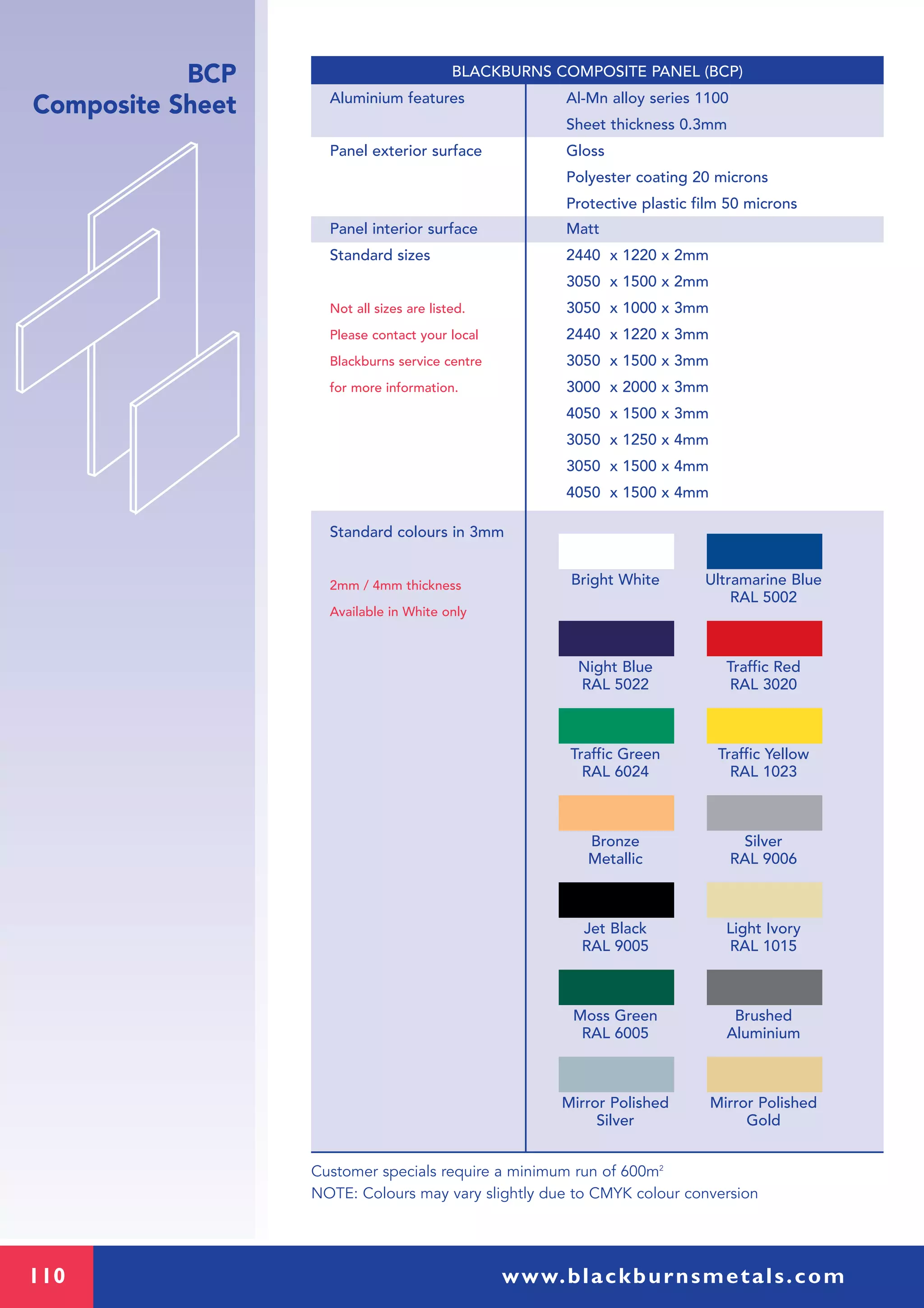 110 www.blackburnsmetals.com
BCP
Composite Sheet Aluminium features Al-Mn alloy series 1100
Sheet thickness 0.3mm
Panel exterior surface Gloss
Polyester coating 20 microns
Protective plastic film 50 microns
Panel interior surface Matt
Standard sizes 2440 x 1220 x 2mm
3050 x 1500 x 2mm
Not all sizes are listed. 3050 x 1000 x 3mm
Please contact your local 2440 x 1220 x 3mm
Blackburns service centre 3050 x 1500 x 3mm
for more information. 3000 x 2000 x 3mm
4050 x 1500 x 3mm
3050 x 1250 x 4mm
3050 x 1500 x 4mm
4050 x 1500 x 4mm
Standard colours in 3mm
2mm / 4mm thickness
Available in White only
Customer specials require a minimum run of 600m2
NOTE: Colours may vary slightly due to CMYK colour conversion
Bright White Ultramarine Blue
RAL 5002
Night Blue
RAL 5022
Traffic Red
RAL 3020
Traffic Green
RAL 6024
Traffic Yellow
RAL 1023
Bronze
Metallic
Silver
RAL 9006
Jet Black
RAL 9005
Light Ivory
RAL 1015
Moss Green
RAL 6005
Brushed
Aluminium
Mirror Polished
Silver
Mirror Polished
Gold
BLACKBURNS COMPOSITE PANEL (BCP)
 