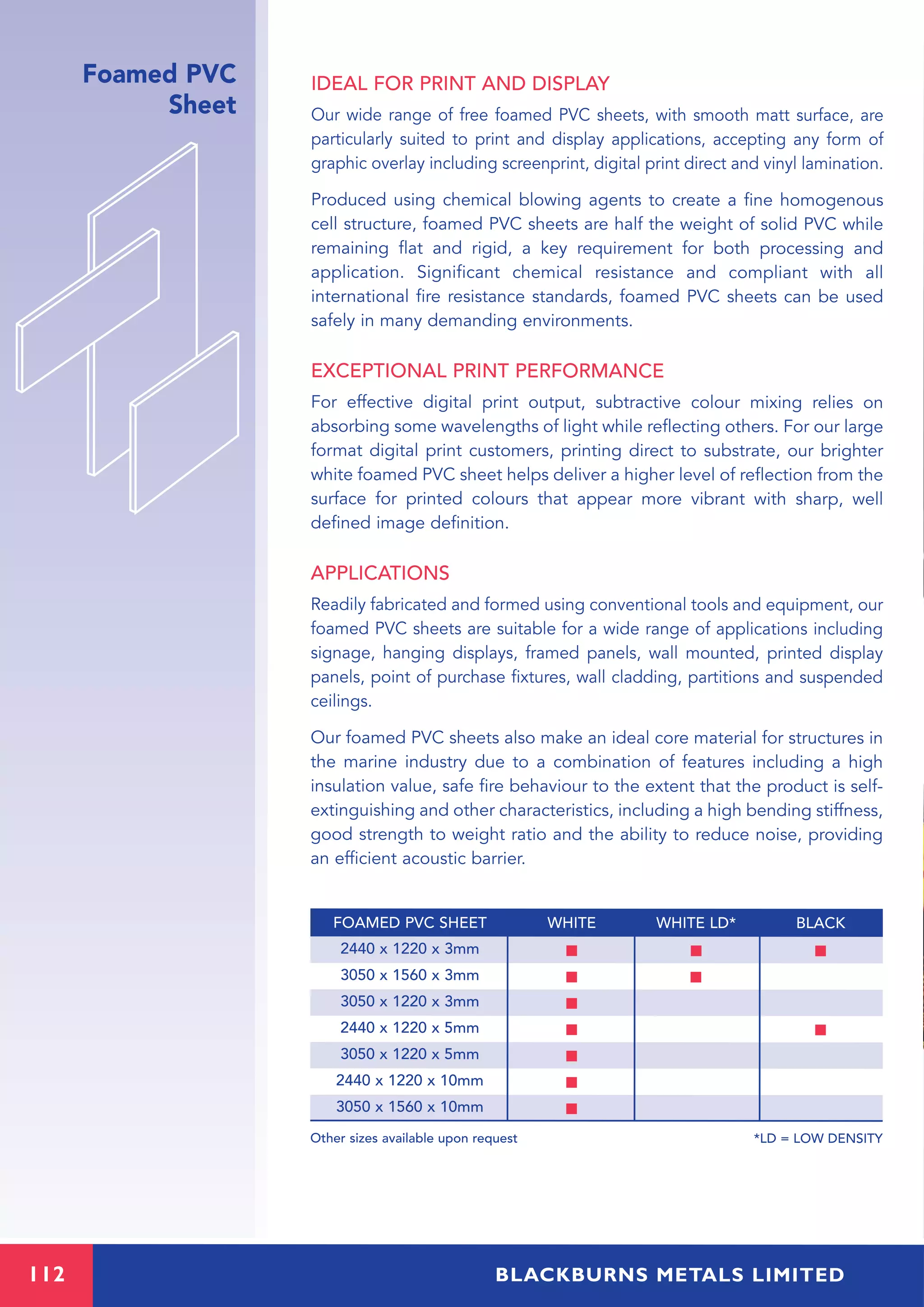 112 BLACKBURNS METALS LIMITED
Foamed PVC
Sheet
IDEAL FOR PRINT AND DISPLAY
Our wide range of free foamed PVC sheets, with smooth matt surface, are
particularly suited to print and display applications, accepting any form of
graphic overlay including screenprint, digital print direct and vinyl lamination.
Produced using chemical blowing agents to create a fine homogenous
cell structure, foamed PVC sheets are half the weight of solid PVC while
remaining flat and rigid, a key requirement for both processing and
application. Significant chemical resistance and compliant with all
international fire resistance standards, foamed PVC sheets can be used
safely in many demanding environments.
EXCEPTIONAL PRINT PERFORMANCE
For effective digital print output, subtractive colour mixing relies on
absorbing some wavelengths of light while reflecting others. For our large
format digital print customers, printing direct to substrate, our brighter
white foamed PVC sheet helps deliver a higher level of reflection from the
surface for printed colours that appear more vibrant with sharp, well
defined image definition.
APPLICATIONS
Readily fabricated and formed using conventional tools and equipment, our
foamed PVC sheets are suitable for a wide range of applications including
signage, hanging displays, framed panels, wall mounted, printed display
panels, point of purchase fixtures, wall cladding, partitions and suspended
ceilings.
Our foamed PVC sheets also make an ideal core material for structures in
the marine industry due to a combination of features including a high
insulation value, safe fire behaviour to the extent that the product is self-
extinguishing and other characteristics, including a high bending stiffness,
good strength to weight ratio and the ability to reduce noise, providing
an efficient acoustic barrier.
2440 x 1220 x 3mm I I I
3050 x 1560 x 3mm I I
3050 x 1220 x 3mm I
2440 x 1220 x 5mm I I
3050 x 1220 x 5mm I
2440 x 1220 x 10mm I
3050 x 1560 x 10mm I
Other sizes available upon request *LD = LOW DENSITY
FOAMED PVC SHEET WHITE WHITE LD* BLACK
 