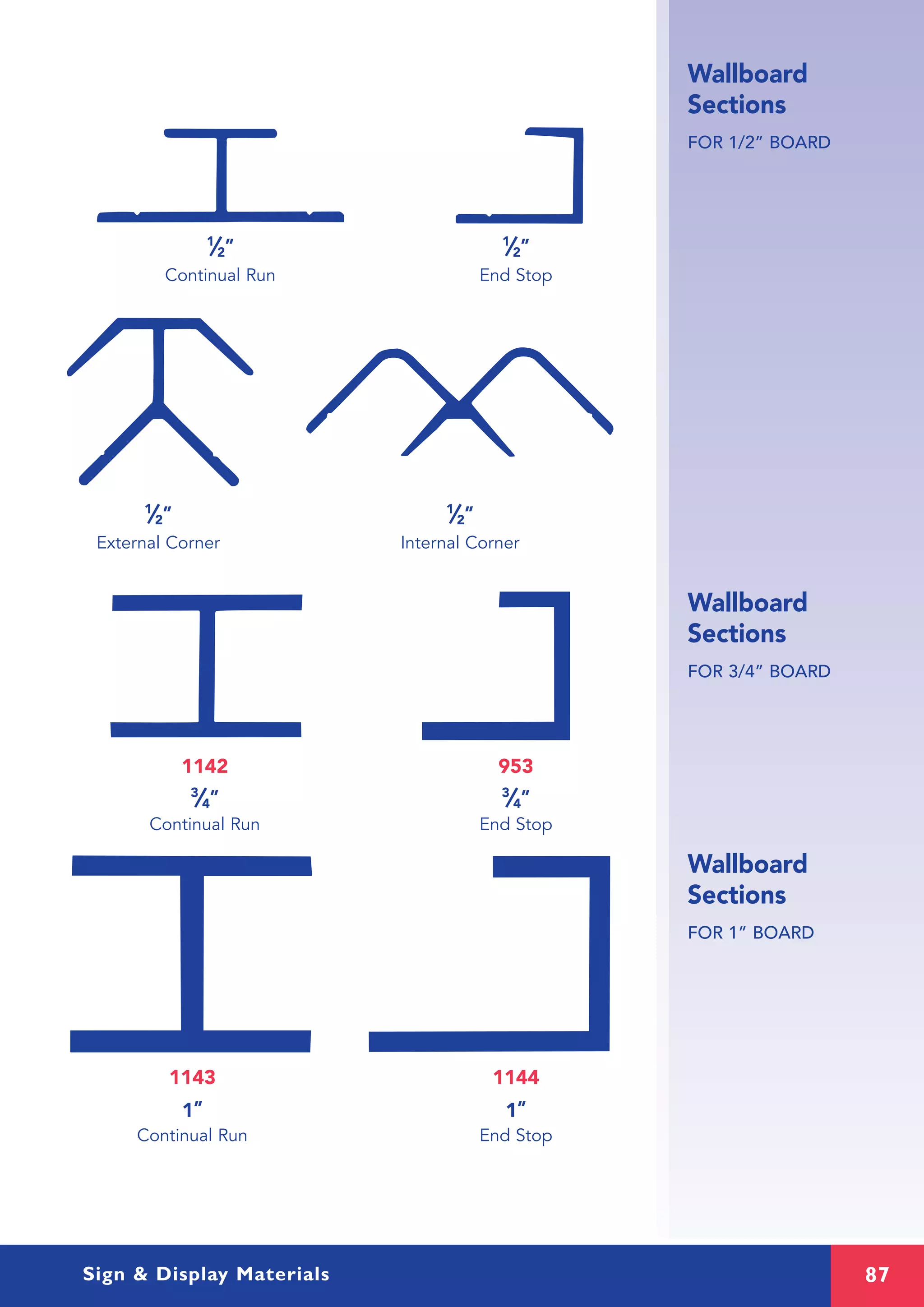 87Sign & Display Materials
Wallboard
Sections
FOR 1/2” BOARD
Wallboard
Sections
FOR 3/4” BOARD
Wallboard
Sections
FOR 1” BOARD
1
⁄2” 1
⁄2”
Continual Run End Stop
1
⁄2” 1
⁄2”
External Corner Internal Corner
1142 953
3
⁄4” 3
⁄4”
Continual Run End Stop
1143 1144
1” 1”
Continual Run End Stop
 