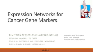 Expression Networks for
Cancer Gene Markers
DIMITRIOS-APOSTOLOS CHALEPAKIS-NTELLIS
TECHNICAL UNIVERSITY OF CRETE
SCHOOL OF ELECTRONIC AND COMPUTER ENGINEERING
DIGITAL SIGNAL & IMAGE PROCESSING LAB
Supervisor: Prof. M.Zervakis
Assoc. Prof. A.Mania
Principal Inv. D.Kafetzopoulos
July 2015
 