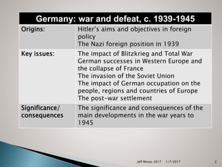 Germany: war and defeat, c. 1939-1945
Origins: Hitler’s aims and objectives in foreign
policy
The Nazi foreign position in 1939
Key issues: The impact of Blitzkrieg and Total War
German successes in Western Europe and
the collapse of France
The invasion of the Soviet Union
The impact of German occupation on the
people, regions and countries of Europe
The post-war settlement
Significance/
consequences
The significance and consequences of the
main developments in the war years to
1945
Jeff Moses 2017 21/7/2017
 