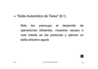 ©_mta Estilos de Liderazgo Situacionales
10/33
 “Estilo Autocrático de Tarea” (9.1)
Sólo les preocupa el desarrollo de
operaciones eficientes, muestran escaso o
nulo interés en las personas y ejercen un
estilo directivo agudo
 