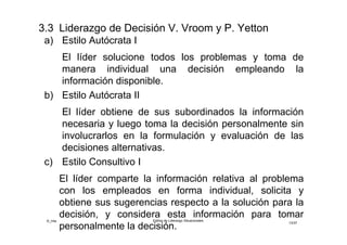 ©_mta Estilos de Liderazgo Situacionales
13/33
3. ¿Tiene usted información suficiente para tomar la
decisión de alta calidad?
4. ¿Está bien estructurado el problema?
5. Si usted fuera a tomar la decisión sólo, ¿está
razonablemente seguro que los seguidores se
comprometerían con la decisión?
6. ¿Comparten los seguidores las metas organizacionales
que se alcanzarán al resolver este problema?
7. ¿Quizás haya conflictos entre los seguidores en torno a
las soluciones preferidas?
8. ¿Tienen los seguidores suficiente información para
tomar una solución de calidad?
 