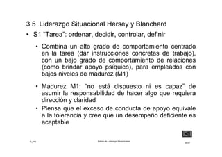 ©_mta Estilos de Liderazgo Situacionales
25/33
 S2 “persona-tarea”: inducir, explicar, persuadir,
clarificar
• Combina una conducta muy orientada a la tarea o a
las relaciones, conviene a las personas de madurez
baja a alta (M2)
• Madurez M2: “no pueden pero quieren” asumir la
responsabilidad. El comportamiento directivo del
líder compensa en cierto modo esta falta de
capacidad, el comportamiento de apoyo refuerza su
disposición y entusiasmo
 