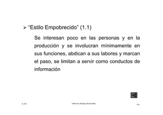©_mta Estilos de Liderazgo Situacionales
7/33
 “Estilo Empobrecido” (1.1)
Se interesan poco en las personas y en la
producción y se involucran mínimamente en
sus funciones, abdican a sus labores y marcan
el paso, se limitan a servir como conductos de
información
 