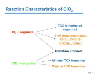 Slide 14
Cl2 + organics
TOX (chlorinated
organics)
THM (trihalomethanes,
CHCl3, CHCl2Br
CHClBr2, CHBr3)
ClO2 + organics
Minimal TOX formation
Minimal THM formation
Oxidation products
Reaction Characteristics of ClO2
 