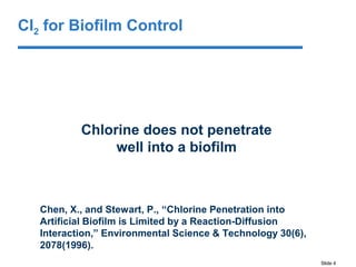 Slide 4
Chlorine does not penetrate
well into a biofilm
Chen, X., and Stewart, P., “Chlorine Penetration into
Artificial Biofilm is Limited by a Reaction-Diffusion
Interaction,” Environmental Science & Technology 30(6),
2078(1996).
Cl2 for Biofilm Control
 
