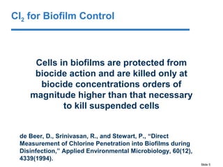Slide 5
Cells in biofilms are protected from
biocide action and are killed only at
biocide concentrations orders of
magnitude higher than that necessary
to kill suspended cells
de Beer, D., Srinivasan, R., and Stewart, P., “Direct
Measurement of Chlorine Penetration into Biofilms during
Disinfection,” Applied Environmental Microbiology, 60(12),
4339(1994).
Cl2 for Biofilm Control
 