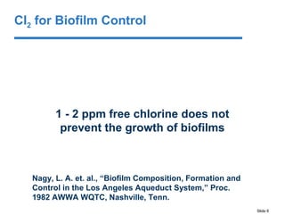 Slide 6
1 - 2 ppm free chlorine does not
prevent the growth of biofilms
Nagy, L. A. et. al., “Biofilm Composition, Formation and
Control in the Los Angeles Aqueduct System,” Proc.
1982 AWWA WQTC, Nashville, Tenn.
Cl2 for Biofilm Control
 