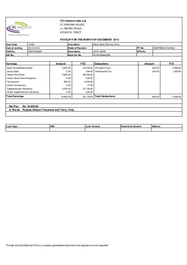 Itc december pay slip