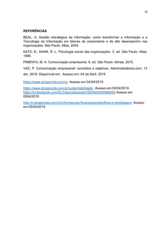 10
REFERÊNCIAS
BEAL, A. Gestão estratégica da informação: como transformar a informação e a
Tecnologia da Informação em fatores de crescimento e de alto desempenho nas
organizações. São Paulo: Atlas, 2004.
KATZ, D.; KAHN, R. L. Psicologia social das organizações. 2. ed. São Paulo: Atlas,
1986.
PIMENTA, M. A. Comunicação empresarial. 8. ed. São Paulo: Alínea, 2015.
VAZ, P. Comunicação empresarial: conceitos e objetivos. Administradores.com, 13
abr. 2016. Disponível em: Acesso em: 04 de Abril. 2019
https://www.slcagricola.com.br. Acesso em 04/04/2019
https://www.slcagricola.com.br/sustentabilidade/. Acesso em 05/04/2019
https://m.facebook.com/SLCAgricola/posts/1824603090988526 Acesso em
0504/2019
http://ri.slcagricola.com.br/informacoes-financeiras/planilhas-e-modelagem. Acesso
em 05/04/2019
 