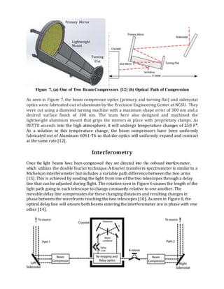 Figure 7, (a) One of Two Beam Compressors [12] (b) Optical Path of Compression
As seen in Figure 7, the beam compressor optics (primary and turning flat) and siderostat
optics were fabricated out of aluminum by the Precision Engineering Center at NCSU. They
were cut using a diamond turning machine with a maximum shape error of 300 nm and a
desired surface finish of 100 nm. The team here also designed and machined the
lightweight aluminum mount that grips the mirrors in place with proprietary clamps. As
BETTII ascends into the high atmosphere, it will undergo temperature changes of 250 F°.
As a solution to this temperature change, the beam compressors have been uniformly
fabricated out of Aluminum 6061-T6 so that the optics will uniformly expand and contract
at the same rate [12].
Interferometry
Once the light beams have been compressed they are directed into the onboard interferometer,
which utilizes the double fourier technique. A fourier transform spectrometer is similar to a
Michelson interferometer but includes a variable path difference between the two arms
[13]. This is achieved by sending the light from one of the two telescopes through a delay
line that can be adjusted during flight. The rotation seen in Figure 6 causes the length of the
light path going to each telescope to change constantly relative to one another. The
movable delay line compensates for these changing distances and resulting changes in
phase between the wavefronts reaching the two telescopes [10]. As seen in Figure 8, the
optical delay line will ensure both beams entering the interferometer are in phase with one
other [14].
Primary Mirror
Turning
Flat
Lightweight
Mount
 