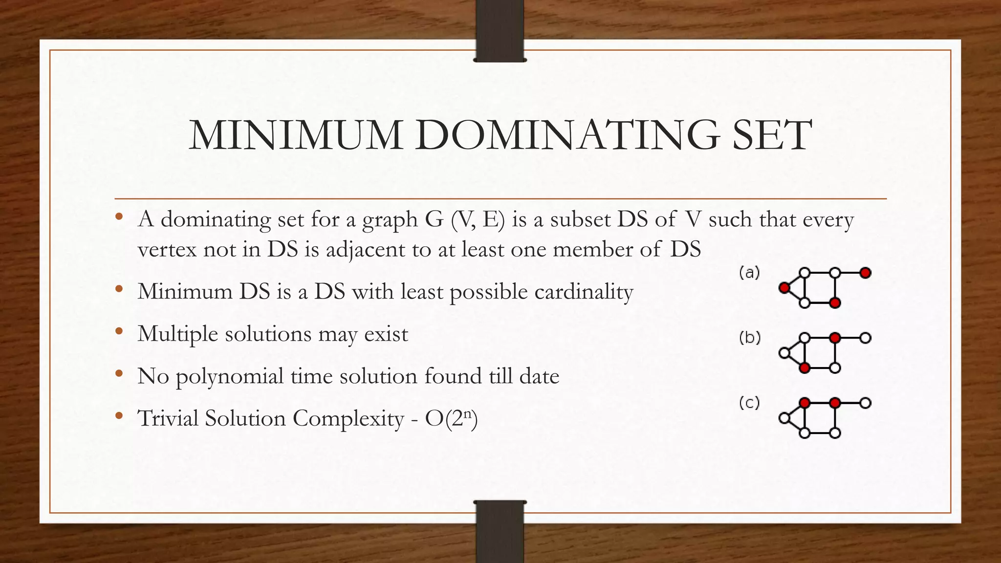 MINIMUM DOMINATING SET
• A dominating set for a graph G (V, E) is a subset DS of V such that every
vertex not in DS is adjacent to at least one member of DS
• Minimum DS is a DS with least possible cardinality
• Multiple solutions may exist
• No polynomial time solution found till date
• Trivial Solution Complexity - O(2n)
 