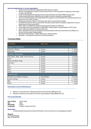 Key Accomplishments in current organization:
 Performance improvementin Application (WCF Service by 30%)
 Design a architecture to handle more than threshold of3 million requests on dailybasis with having
success ratio 99.99%
 Implemented Dashboard,logging for base supportactivities and saves 2880 hours per year.
 implemented LINQsearch algorithms for to search customer data from multiple SOR's
 Consume restful services and implemented TPL program to connectSOR's and achieved overcome of
timeoutissues in WCFservices.
 Managing connection objectin iSeries through .Netusing connection pooling.
 Provided File Scanner tool to supportDEV and base supportteam to analyze configuration issues in
deploymentand dev supportfiles.
 Given SSIS, and SSRS reporting tool technical presentation to LOB Team.
 Conducted Technical presentation on WPFMVC Design pattern implementation to TFG Group.
 Given LINQ presentations to Onsite LOB Team.
 Given Application Design and Developmentpresentations to Onsite coordinators and LOB team on
Domain and business implementation.
 Received 4 Gold Awards, 5 Silver Awards and 1 Bronze Award.
 Received 11 Recognition cards from onsite Coordinators.
Technical Skills
Skill Name Skill Level Experience
Database Development
Database Design Expert 2 years
SQLServer Expert 2 years
Software Development
.Net (2003, 2005, 2008, 2010 & 2013) Expert 9 years
SSIS Expert 2 years
Mule soft (MULE EIB) Expert 1 years
ASP.NET Expert 3 years
C# Expert 8 years
WCF Expert 4 years
WPF Expert 1 years
SSIS Expert 2 years
General Skills
Business and Needs Analysis Intermediate 2+years
System Design Expert 1+ years
XML Expert 3+ years
NUnit Expert 1 year
Education and Certifications:
 Master in Computers from Vivekananda School ofP.G Studies Affiliated to OU.
 Bachelor of Science (Computers) from New Loyola Degree College Affiliated to OU.
Personal Details:
Date of Birth : 24-06-1980
Sex : Male
Nationality : Indian
Languages : English,Telugu and Hindi.
Declaration:
I hereby declare that above furnished information is true to the bestof my knowledge and belief.
Regards,
N. Srikanth Reddy,
Mob: 9703696169
 