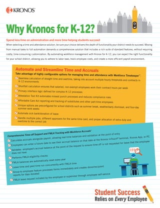 Why Kronos for K-12?
Student Success
Relies on Every Employee
Student Success
Relies on Every Employee
Spend less time on administration and more time helping students succeed
When selecting a time and attendance solution, be sure your choice delivers the depth of functionality your district needs to succeed. Moving
from manual tasks to full automation demands a comprehensive solution that includes a rich suite of standard features, without requiring
costly, time-consuming customization. By automating workforce management with Kronos for K-12, you can expect the right functionality
for your school district, allowing you to adhere to labor laws, track employee costs, and create a more efficient payroll environment.
Automate and Streamline Time and Accruals
Take advantage of highly configurable options for managing time and attendance with Workforce Timekeeper™
.
n	Seamless calculation of straight time and overtime, taking into account multiple hourly thresholds and contracts in	 K-12 environments
n	Shortfall calculation ensures that salaried, non-exempt employees work their contract hours per week
n	Primary interface logic defined for complex K-12 processes
n	Attestation Tool Kit automates missed punch processes and reduces compliance risks
n	Affordable Care Act reporting and tracking of substitutes and other part-time employees
n	Unique options are preconfigured for school districts such as summer break, weather/early dismissal, and four-day	 summer work weeks
n	Automate sick bank/donation of leave
n	Handle multiple jobs, different approvers for the same time card, and proper allocation of extra duty and	 overtime to the correct job
3
3
3
3
3
3
Comprehensive Time-off Support and FMLA Tracking with Workforce Accruals®
n	Calculates accruals alongside payroll, allowing real-time balances and validation at the point of entry
n	Employees can enter a future date to see their accrual balance on that date at the Kronos InTouch® terminal, Kronos App, or PC
n	Validates employee’s accrual balance at the point of the request to ensure time off is not requested for leave that the employee 	
	 does not have
n	Performs FMLA eligibility checks
n	FMLA balances are automatically reset every year
n	Leave time and paid time run concurrently with FMLA time
n	Group-to employee feature processes forms immediately and creates donor/recipient
	 reports for days donated
n	FMLA leave request initiated by the employee or supervisor through employee self-service
3
3
3
3
3
3
3
3
3
3
 