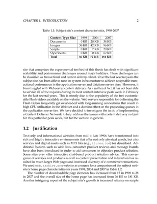 CHAPTER 1. INTRODUCTION 2
Table 1.1: Subject site’s content characteristics, 1998-2007
Content Type Size 1998 2004 2007
Documents 0 KB 28 KB 34 KB
Images 36 KB 42 KB 96 KB
Scripts 0 KB 2 KB 20 KB
StyleSheets 0 KB 0 KB 62 KB
Total 36 KB 72 KB 181 KB
site that comprises the experimental test bed of this thesis has dealt with signiﬁcant
scalability and performance challenges around major holidays. These challenges can
be classiﬁed as transactional and content delivery-related. Over the last several years the
subject site has been able to tune its system infrastructure to achieve acceptable trans-
actional performance in the application server and database server tiers. However, it
has struggled with Web server content delivery. As a matter of fact, it has not been able
to service all of the requests during its most content-intensive peak week in February
for the last several years. This is mostly due to the popularity of the free customiz-
able Flash videos available on the website. Web servers responsible for delivering the
Flash videos frequently get overloaded with long-running connections that result in
high CPU utilization in the Web tier and a domino effect on the processing queues in
the application server tier. We have decided to investigate the tactic of implementing
a Content Delivery Network to help address the issues with content delivery not just
for this particular peak week, but for the website in general.
1.2 Justiﬁcation
Text-only and informational websites from mid to late 1990s have transformed into
rich and highly interactive environments that offer not only physical goods, but also
services and digital assets such as MP3 ﬁles (e.g., itunes.com) for download. Ad-
ditional features such as wish lists, consumer product reviews and message boards
have also been introduced in order to aid consumers in objective product selection.
Some sites even offer interactive chat-based product selection advice. This conver-
gence of services and products as well as content presentation and interaction has re-
sulted in much larger Web pages and increased diversity of e-commerce transactions.
We used web.archive.org website as a source for a comparison of the subject web-
site’s home page characteristics for years 1998, 2004 and 2007 in Table 1.2.
The number of downloadable page elements has increased from 15 in 1998 to 28
in 2007 and the overall size of the home page has increased from 36 KB to 181 KB.
Another intriguing aspect of the subject site’s growth is increased reliance on scripts
 