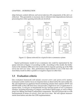 CHAPTER 1. INTRODUCTION 5
ships between content delivery and server-side Java EE components of the site’s ar-
chitecture. This granularity is necessary due to inherent inter-dependencies between
processing tiers when queuing networks are involved.
Figure 1.1: Queue network for a typical n-tier e-commerce system
Typical performance model of an e-commerce site could be represented by the
queue network in Figure 1.4 according to [44]. According to this model, the bottle-
necks in the database (DB) server tier could result in requests queuing up at the Web
server tier and vice versa. Also, performance improvements in any of the tiers will
most likely result in either a positive or negative impact on other tiers.
1.5 Evaluation criteria
Our evaluation framework will include consumer-centric and system-centric metrics.
Consumer-centric metrics focus on response times as observed by the users of the site.
We will implement an appliance-based monitoring solution that captures HTTP and
HTTPS trafﬁc at the URI stem leave and provides a high-level view of application re-
sponse times. It will give us benchmarks for key function points of our e-commerce
solution, including browsing of Category and Product Detail pages as well as Shop-
ping Cart, Billing and Order Conﬁrmation components. The tool will provide us with
measurements in terms of network, client and server time. We will capture measure-
ments from before and after the CDN implementation.
 