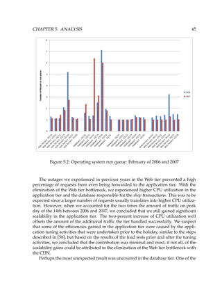 CHAPTER 5. ANALYSIS 45
Figure 5.2: Operating system run queue: February of 2006 and 2007
The outages we experienced in previous years in the Web tier prevented a high
percentage of requests from even being forwarded to the application tier. With the
elimination of the Web tier bottleneck, we experienced higher CPU utilization in the
application tier and the database responsible for the shop transactions. This was to be
expected since a larger number of requests usually translates into higher CPU utiliza-
tion. However, when we accounted for the two times the amount of trafﬁc on peak
day of the 14th between 2006 and 2007, we concluded that we still gained signiﬁcant
scalability in the application tier. The two-percent increase of CPU utilization well
offsets the amount of the additional trafﬁc the tier handled successfully. We suspect
that some of the efﬁciencies gained in the application tier were caused by the appli-
cation tuning activities that were undertaken prior to the holiday, similar to the steps
described in [58], but based on the results of the load tests prior and after the tuning
activities, we concluded that the contribution was minimal and most, if not all, of the
scalability gains could be attributed to the elimination of the Web tier bottleneck with
the CDN.
Perhaps the most unexpected result was uncovered in the database tier. One of the
 
