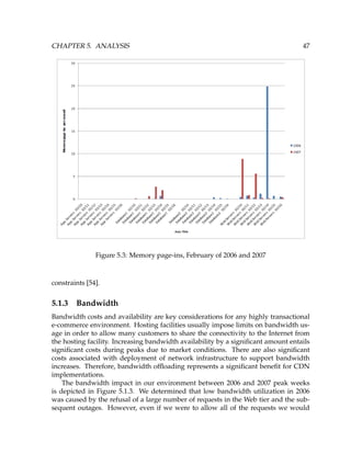 CHAPTER 5. ANALYSIS 47
Figure 5.3: Memory page-ins, February of 2006 and 2007
constraints [54].
5.1.3 Bandwidth
Bandwidth costs and availability are key considerations for any highly transactional
e-commerce environment. Hosting facilities usually impose limits on bandwidth us-
age in order to allow many customers to share the connectivity to the Internet from
the hosting facility. Increasing bandwidth availability by a signiﬁcant amount entails
signiﬁcant costs during peaks due to market conditions. There are also signiﬁcant
costs associated with deployment of network infrastructure to support bandwidth
increases. Therefore, bandwidth ofﬂoading represents a signiﬁcant beneﬁt for CDN
implementations.
The bandwidth impact in our environment between 2006 and 2007 peak weeks
is depicted in Figure 5.1.3. We determined that low bandwidth utilization in 2006
was caused by the refusal of a large number of requests in the Web tier and the sub-
sequent outages. However, even if we were to allow all of the requests we would
 