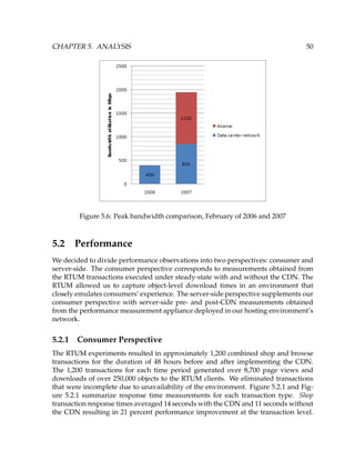 CHAPTER 5. ANALYSIS 50
Figure 5.6: Peak bandwidth comparison, February of 2006 and 2007
5.2 Performance
We decided to divide performance observations into two perspectives: consumer and
server-side. The consumer perspective corresponds to measurements obtained from
the RTUM transactions executed under steady-state with and without the CDN. The
RTUM allowed us to capture object-level download times in an environment that
closely emulates consumers’ experience. The server-side perspective supplements our
consumer perspective with server-side pre- and post-CDN measurements obtained
from the performance measurement appliance deployed in our hosting environment’s
network.
5.2.1 Consumer Perspective
The RTUM experiments resulted in approximately 1,200 combined shop and browse
transactions for the duration of 48 hours before and after implementing the CDN.
The 1,200 transactions for each time period generated over 8,700 page views and
downloads of over 250,000 objects to the RTUM clients. We eliminated transactions
that were incomplete due to unavailability of the environment. Figure 5.2.1 and Fig-
ure 5.2.1 summarize response time measurements for each transaction type. Shop
transaction response times averaged 14 seconds with the CDN and 11 seconds without
the CDN resulting in 21 percent performance improvement at the transaction level.
 