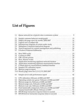 List of Figures
1.1 Queue network for a typical n-tier e-commerce system . . . . . . . . . . 5
2.1 Sample customer behavior model graph . . . . . . . . . . . . . . . . . . . 15
2.2 Subject site page views by month, 2004-2007 . . . . . . . . . . . . . . . . 16
2.3 Logical view of subject site . . . . . . . . . . . . . . . . . . . . . . . . . . . 17
2.4 Infrastructure diagram of system under study . . . . . . . . . . . . . . . 18
2.5 Websphere Commerce interaction diagram . . . . . . . . . . . . . . . . . 19
2.6 Typical approach for content management and publishing . . . . . . . . 20
2.7 Location of Internet bottlenecks . . . . . . . . . . . . . . . . . . . . . . . . 21
3.1 How DNS works . . . . . . . . . . . . . . . . . . . . . . . . . . . . . . . . 23
3.2 Caching in DNS . . . . . . . . . . . . . . . . . . . . . . . . . . . . . . . . . 24
3.3 URL rewrite process . . . . . . . . . . . . . . . . . . . . . . . . . . . . . . 25
3.4 How Akamai works . . . . . . . . . . . . . . . . . . . . . . . . . . . . . . 31
3.5 Application monitoring appliance network location . . . . . . . . . . . . 32
3.6 Application monitoring appliance measurement timeline . . . . . . . . . 33
3.7 Content delivery measurement combined timeline . . . . . . . . . . . . . 34
3.8 Sample CPU utilization report . . . . . . . . . . . . . . . . . . . . . . . . . 35
3.9 Memory page-in report . . . . . . . . . . . . . . . . . . . . . . . . . . . . . 36
3.10 Hourly page views for 2/11-2/15, 2005-2007 . . . . . . . . . . . . . . . . 37
4.1 Sample server-side performance report . . . . . . . . . . . . . . . . . . . 42
5.1 CPU utilization, February of 2006 and 2007 . . . . . . . . . . . . . . . . . 44
5.2 Operating system run queue: February of 2006 and 2007 . . . . . . . . . 45
5.3 Memory page-ins, February of 2006 and 2007 . . . . . . . . . . . . . . . . 47
5.4 Memory page-outs, February of 2006 and 2007 . . . . . . . . . . . . . . . 48
5.5 Memory scan rate, February of 2006 and 2007 . . . . . . . . . . . . . . . . 49
5.6 Peak bandwidth comparison, February of 2006 and 2007 . . . . . . . . . 50
5.7 Akamai bandwidth ofﬂoad, February of 2007 . . . . . . . . . . . . . . . . 51
5.8 RTUM shop transaction response times in seconds . . . . . . . . . . . . . 52
5.9 RTUM browse transaction response times in seconds . . . . . . . . . . . 54
vii
 