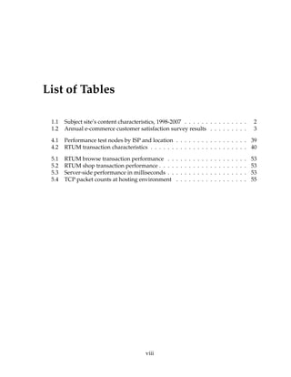 List of Tables
1.1 Subject site’s content characteristics, 1998-2007 . . . . . . . . . . . . . . . 2
1.2 Annual e-commerce customer satisfaction survey results . . . . . . . . . 3
4.1 Performance test nodes by ISP and location . . . . . . . . . . . . . . . . . 39
4.2 RTUM transaction characteristics . . . . . . . . . . . . . . . . . . . . . . . 40
5.1 RTUM browse transaction performance . . . . . . . . . . . . . . . . . . . 53
5.2 RTUM shop transaction performance . . . . . . . . . . . . . . . . . . . . . 53
5.3 Server-side performance in milliseconds . . . . . . . . . . . . . . . . . . . 53
5.4 TCP packet counts at hosting environment . . . . . . . . . . . . . . . . . 55
viii
 