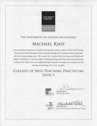 Michael teaching Practicum certificate