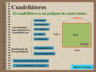 Cuadriláteros
El cuadrilátero es un polígono de cuatro lados.
Los elementos
que componen el
cuadrilátero son:
Clasificación de
los cuadriláteros.
Paralelogramos
No paralelogramos
Áreas del Cuadrado y Rectángulo
Los lados:
Los vértices:
Los ángulos:
La altura:
La diagonal:
base
Árealado
vértices
ángulo
Áreas del Rombo y Trapecio
Menú Principal
 