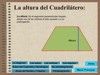 La altura del Cuadrilátero:
La altura: Es el segmento perpendicular trazado
desde uno de los vértices al lado opuesto o a su
prolongación.
Altura
Menú Principal
Atrás
Paralelogramos
No paralelogramosÁreas del Cuadrado y Rectángulo
Los lados: Los vértices: Los ángulos:La diagonal:
Áreas del Rombo y Trapecio
 