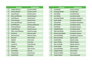 Bird Name Scientific Name
IsabellineWheatear Oenantheisabellina
NorthernWheatear Oenantheoenanthe
CyprusWheatear Oenanthecypriaca
Black-earedWheatear Oenanthehispanica
BasaltWheatear Oenanthedeserti
Finsch’sWheatear Oenanthefinschii
Red-rumpedWheatear Oenanthemoesta
KurdishWheatear Oenanthexanthoprymna
MourningWheatear Oenanthelugens
HoodedWheatear Oenanthemonacha
White-crownedWheatear Oenantheleucopyga
RockThrush Monticolasaxatilis
Blue RockThrush Monticolasolitarius
Ring Ouzel Turdustorquatus
Blackbird Turdusmerula
Fieldfare Turduspilaris
SongThrush Turdusphilomelos
Redwing Turdusiliacus
MistleThrush Turdusviscivorus
Cetti’sWarbler Cettiacetti
Zitting Cisticola Cisticolajuncidis
Graceful Prinia Priniagracilis
Bird Name Scientific Name
ScrubWarbler Scotocercainquieta
GrasshopperWarbler Locustellanaevia
RiverWarbler Locustellafluviatilis
Savi’sWarbler Locustellaluscinioides
MoustachedWarbler Acrocephalusmelanopogon
AquaticWarbler Acrocephaluspaludicola
SedgeWarbler Acrocephalusschoenobaenus
MarshWarbler Acrocephaluspalustris
ReedWarbler Acrocephalusscirpaceus
PaddyfieldWarbler Acrocephalusagricola
Blyth’s ReedWarbler Acrocephalusdumetorum
Clamorous ReedWarbler Acrocephalusstentoreus
Great ReedWarbler Acrocephalusarundinaceus
OlivaceousWarbler Hippolaispallida
BootedWarbler Hippolaiscaligata
Upcher’sWarbler Hippolaislanguida
Olive-treeWarbler Hippolaisolivetorum
IcterineWarbler Hippolaisicterina
SpectacledWarbler Sylviaconspicillata
SubalpineWarbler Sylviacantillans
Ménétries’sWarbler Sylviamystacea
SardinianWarbler Sylviamelanocephala
 