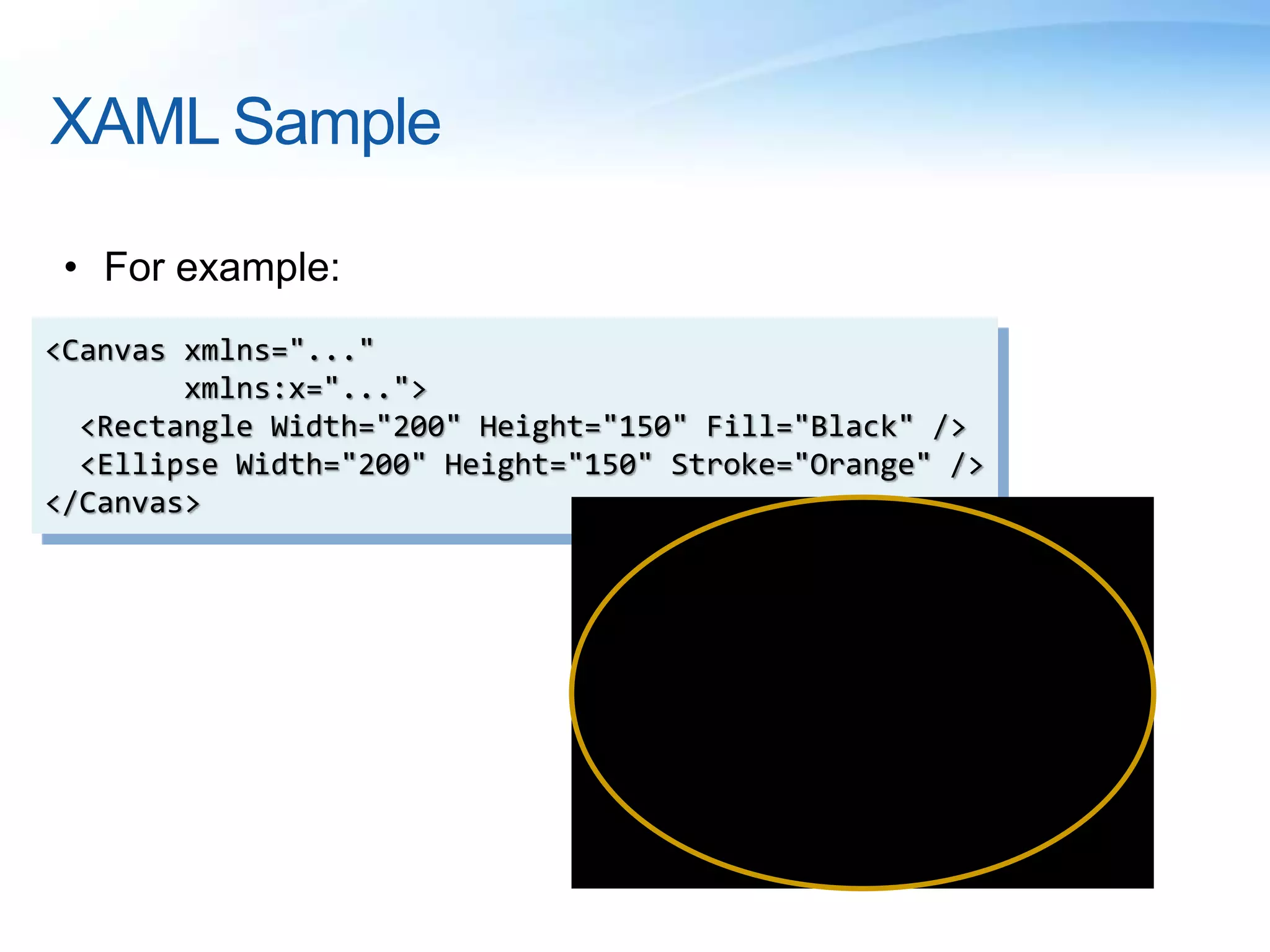XAML Sample
• For example:
<Canvas xmlns="..."
xmlns:x="...">
<Rectangle Width="200" Height="150" Fill="Black" />
<Ellipse Width="200" Height="150" Stroke="Orange" />
</Canvas>
 