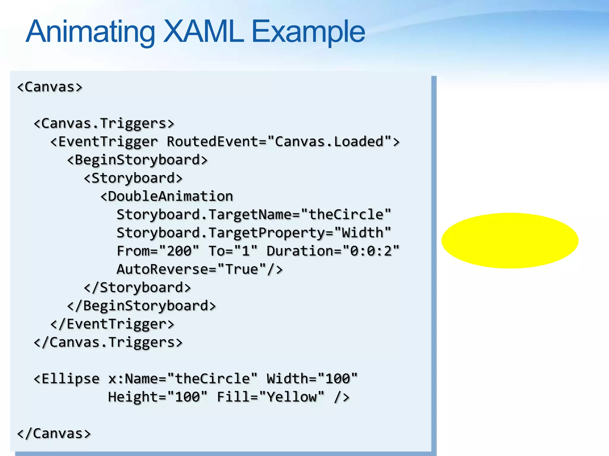 Animating XAML Example
<Canvas>
<Canvas.Triggers>
<EventTrigger RoutedEvent="Canvas.Loaded">
<BeginStoryboard>
<Storyboard>
<DoubleAnimation
Storyboard.TargetName="theCircle"
Storyboard.TargetProperty="Width"
From="200" To="1" Duration="0:0:2"
AutoReverse="True"/>
</Storyboard>
</BeginStoryboard>
</EventTrigger>
</Canvas.Triggers>
<Ellipse x:Name="theCircle" Width="100"
Height="100" Fill="Yellow" />
</Canvas>
 