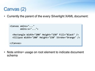 Canvas (2)
• Currently the parent of the every Silverlight XAML document:
• Note xmlns= usage on root element to indicate document
schema
<Canvas xmlns="..."
xmlns:x="...">
<Rectangle Width="200" Height="150" Fill="Black" />
<Ellipse Width="200" Height="150" Stroke="Orange" />
</Canvas>
 