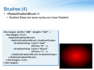 Brushes (4)
• <RadialGradientBrush />
• Gradient Stops are same syntax as Linear Gradient
<Rectangle Width="200" Height="150" >
<Rectangle.Fill>
<RadialGradientBrush>
<RadialGradientBrush.GradientStops>
<GradientStop Color="Red"
Offset="0" />
<GradientStop Color="Black"
Offset="1" />
</RadialGradientBrush.GradientStops>
</RadialGradientBrush>
</Rectangle.Fill>
</Rectangle>
 
