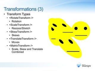 Transformations (3)
• Transform Types
• <RotateTransform />
• Rotation
• <ScaleTransform />
• Resizes/Stretch
• <SkewTransform />
• Skews
• <TranslateTransform />
• Moves
• <MatrixTransform />
• Scale, Skew and Translate
Combined
 