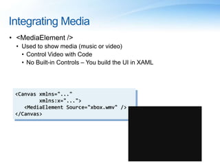 Integrating Media
• <MediaElement />
• Used to show media (music or video)
• Control Video with Code
• No Built-in Controls – You build the UI in XAML
<Canvas xmlns="..."
xmlns:x="...">
<MediaElement Source="xbox.wmv" />
</Canvas>
 