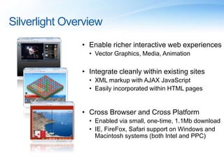 Silverlight Overview
• Enable richer interactive web experiences
• Vector Graphics, Media, Animation
• Integrate cleanly within existing sites
• XML markup with AJAX JavaScript
• Easily incorporated within HTML pages
• Cross Browser and Cross Platform
• Enabled via small, one-time, 1.1Mb download
• IE, FireFox, Safari support on Windows and
Macintosh systems (both Intel and PPC)
 
