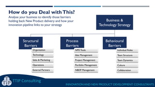 How do you Deal withThis?
Analyse your business to identify those barriers
holding back New Product delivery and how your
innovation pipeline links to your strategy
TTIP Consulting
INNOVATION AND NEW PRODUCT DEVELOPMENT CONSULTANTS
Business &
Technology Strategy
Behavioural
Barriers
Process
Barriers
Structural
Barriers
Organisation
Technology
Sales & Marketing
Operations
External Partners
NPDTools
Idea Management
Project Management
Portfolio Management
NBDP Management
Individual Roles
Team Structure
Team Dynamics
Culture
Collaboration
 