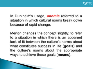 AnomieAnomie = Anarchy?According to Durkheim, anomie is a reaction against or a retreat from the regulatory social controls of society, and is a completely separate concept from anarchy which is an absence of effective rulers or leaders.Anarchy denotes lack of rulers, hierarchy, and commandwhereas anomie denotes lack of rules, structure, and organization. 